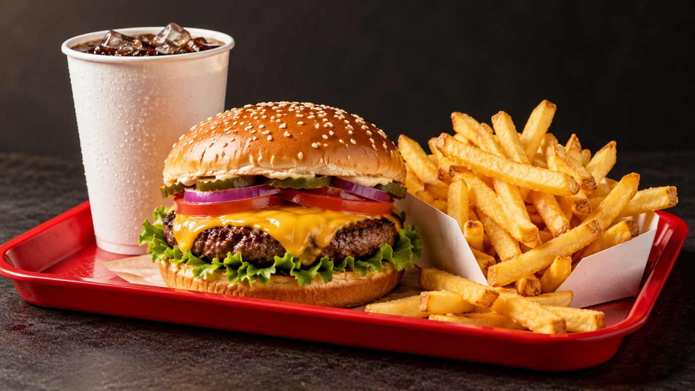 Hamburguesa con queso, papas y refresco